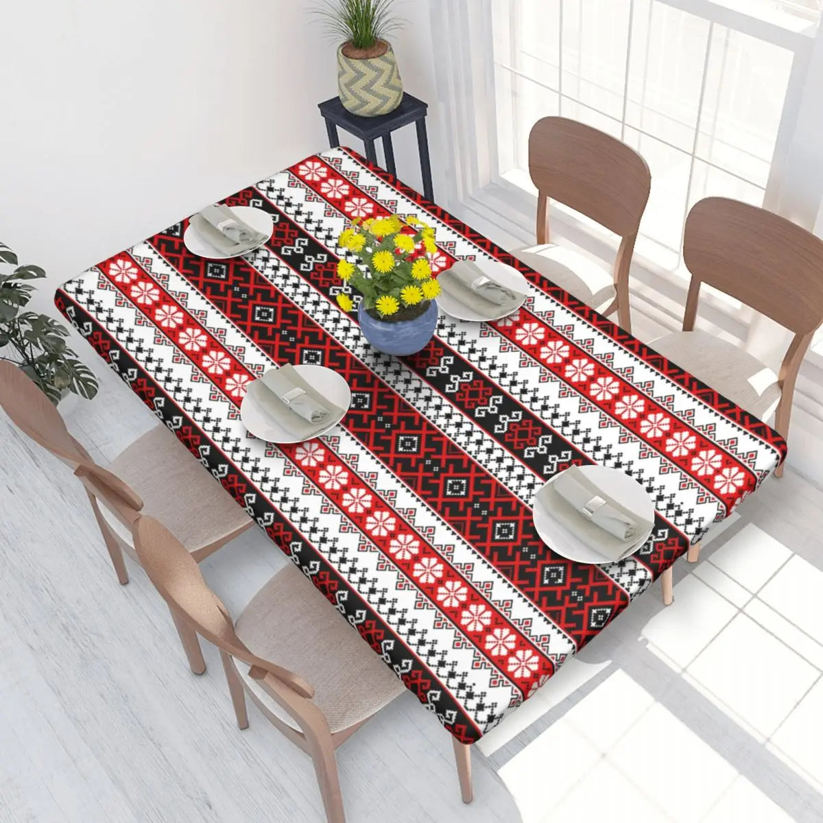 Authentic Ukrainian embroidery table cover enhancing dining room decor with vibrant patterns and premium quality fabric.