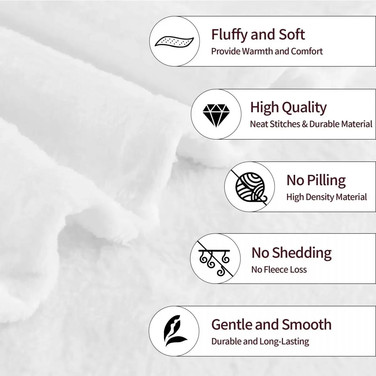 Fluffy and soft white blanket features high-quality, no-pilling, no-shedding, and gentle, smooth material for warmth and comfort.