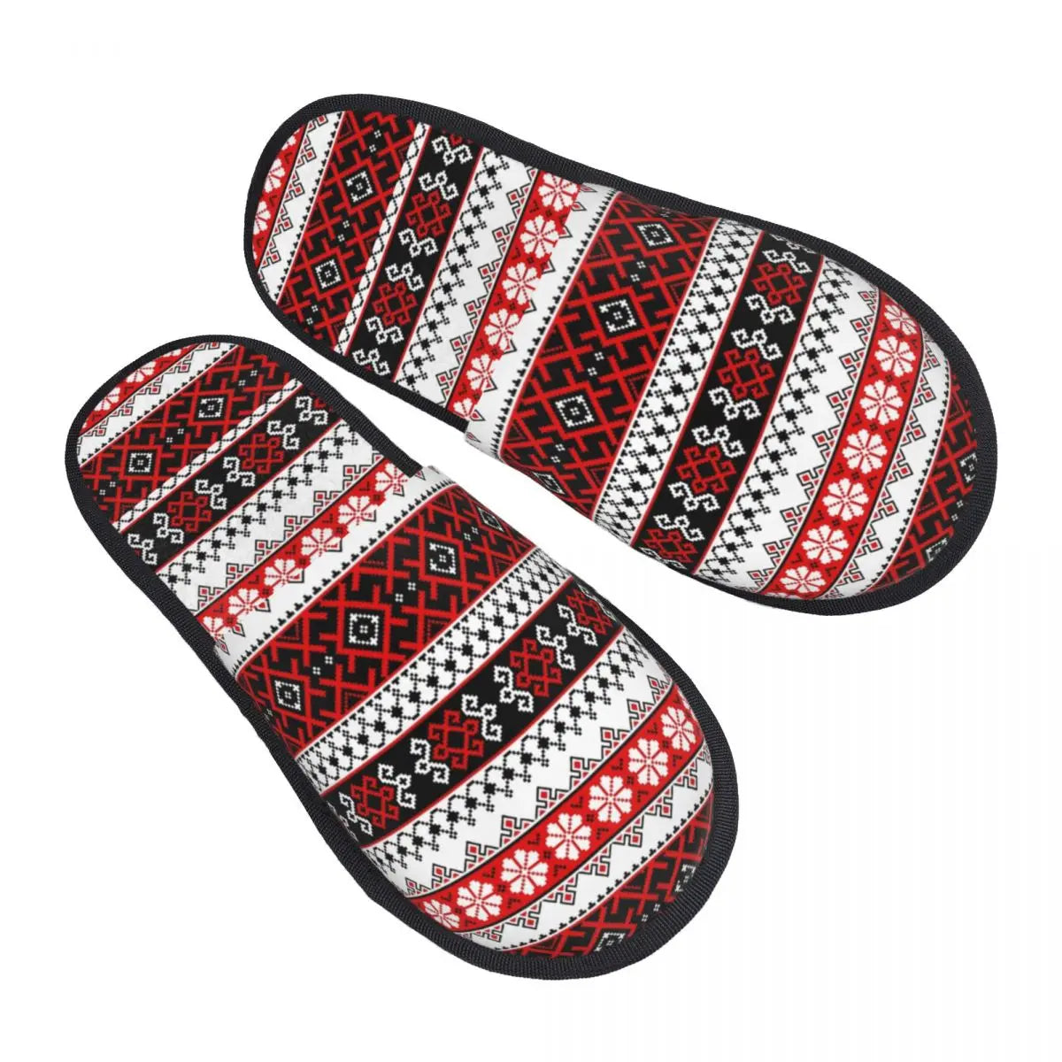 Ukrainian embroidery ornament slippers with red, black, and white pattern, featuring a cozy, non-slip design for indoor and outdoor comfort.