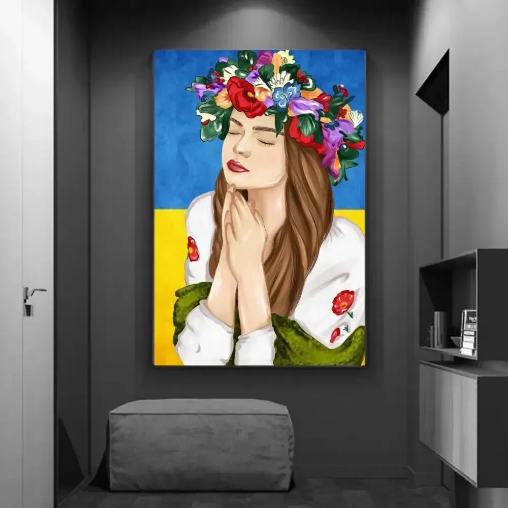 Ukrainian woman praying canvas poster with floral headpiece, elegant home decor artwork, serene and colorful design.