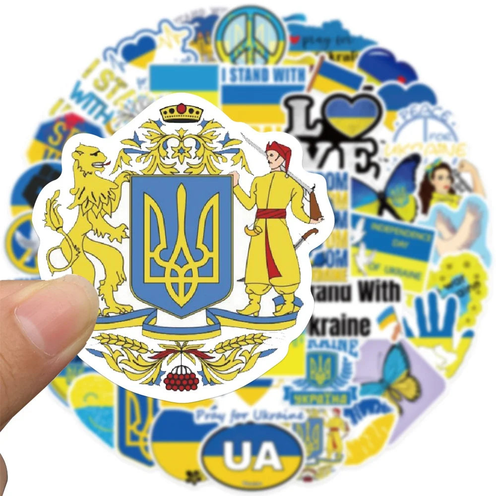 Ukraine Flag Stickers Pack featuring various designs, including national symbols, perfect for showing Ukrainian pride on laptops and bottles.