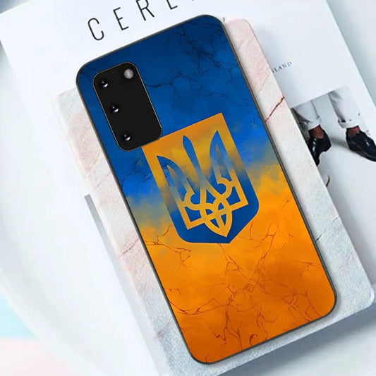 Ukrainian Tryzub Samsung phone case in soft black TPU with vibrant blue and orange design, compatible with multiple models.