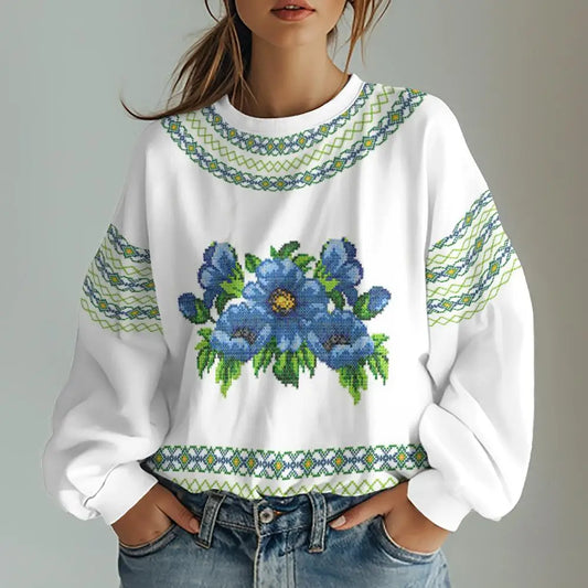 Ukrainian traditional women's sweatshirt with blue flowers, made from polyester and elastane, featuring durable 3D print design.