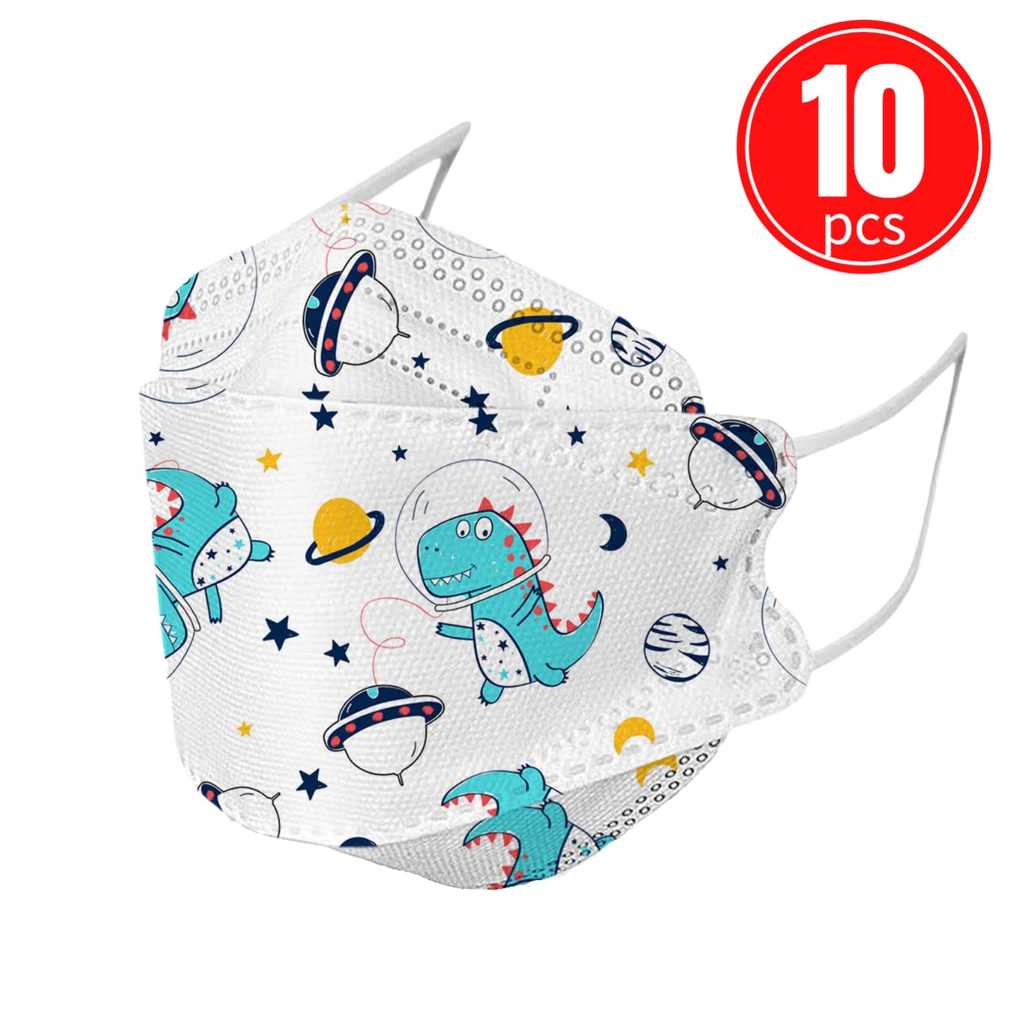 Colorful kids' KN95 mask with blue dinosaur and outer space print, 10 pack for comfort and protection.