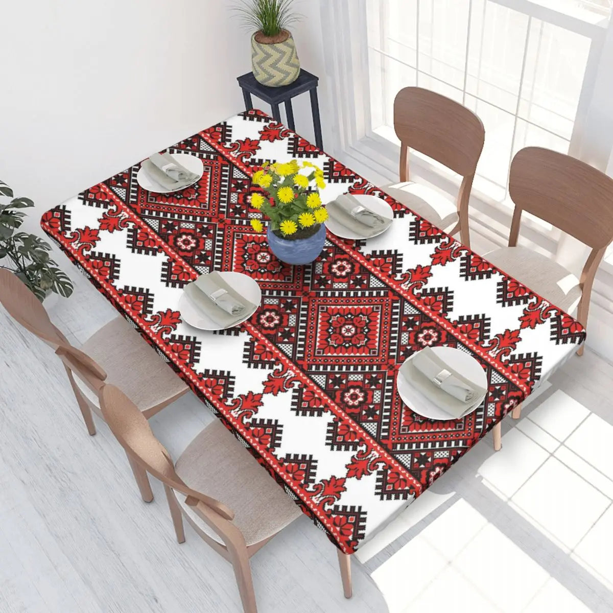 Authentic Ukrainian Embroidery Table Cover, vibrant red and black design, enhances dining decor.