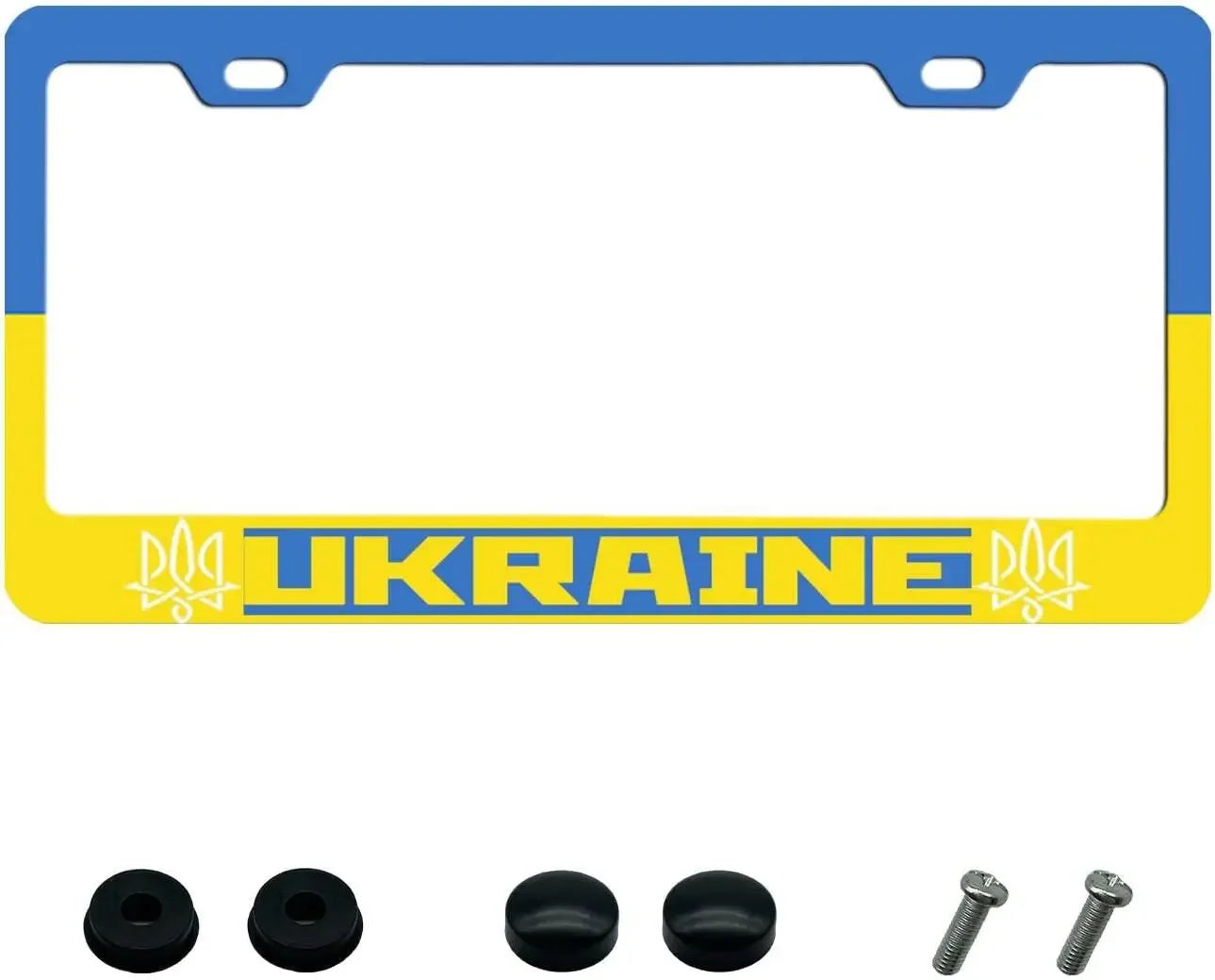 Ukraine license plate frame in blue and yellow aluminum with screws and caps, 12x6 inch size, showcases national pride.