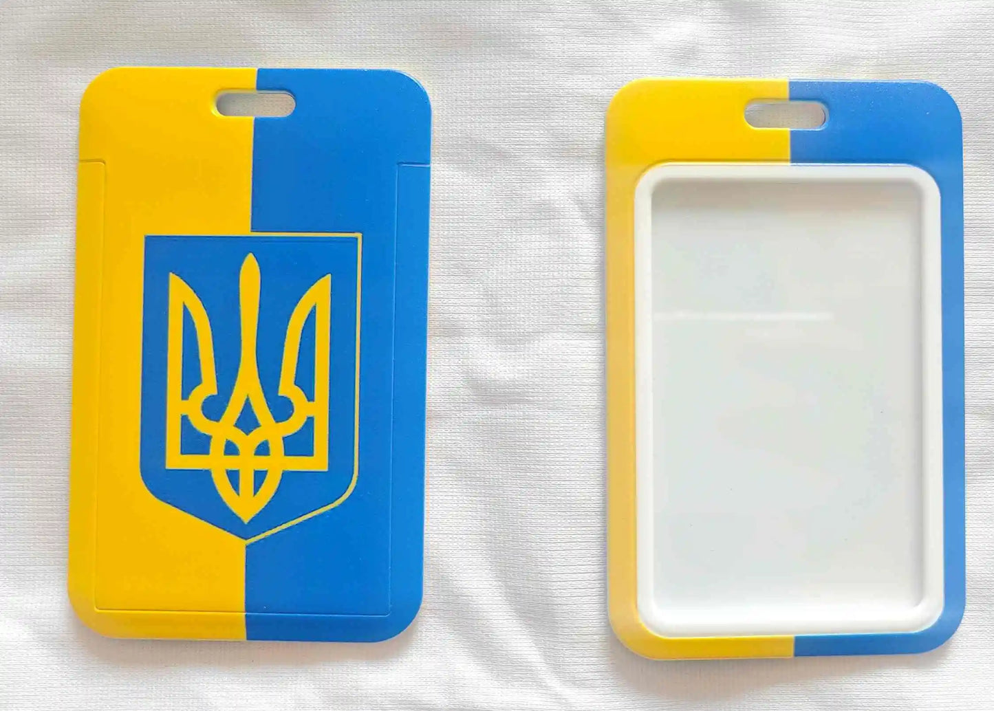 Ukraine cellphone card holder with lanyard strap featuring detachable buckle, showcasing the national emblem on blue and yellow design.