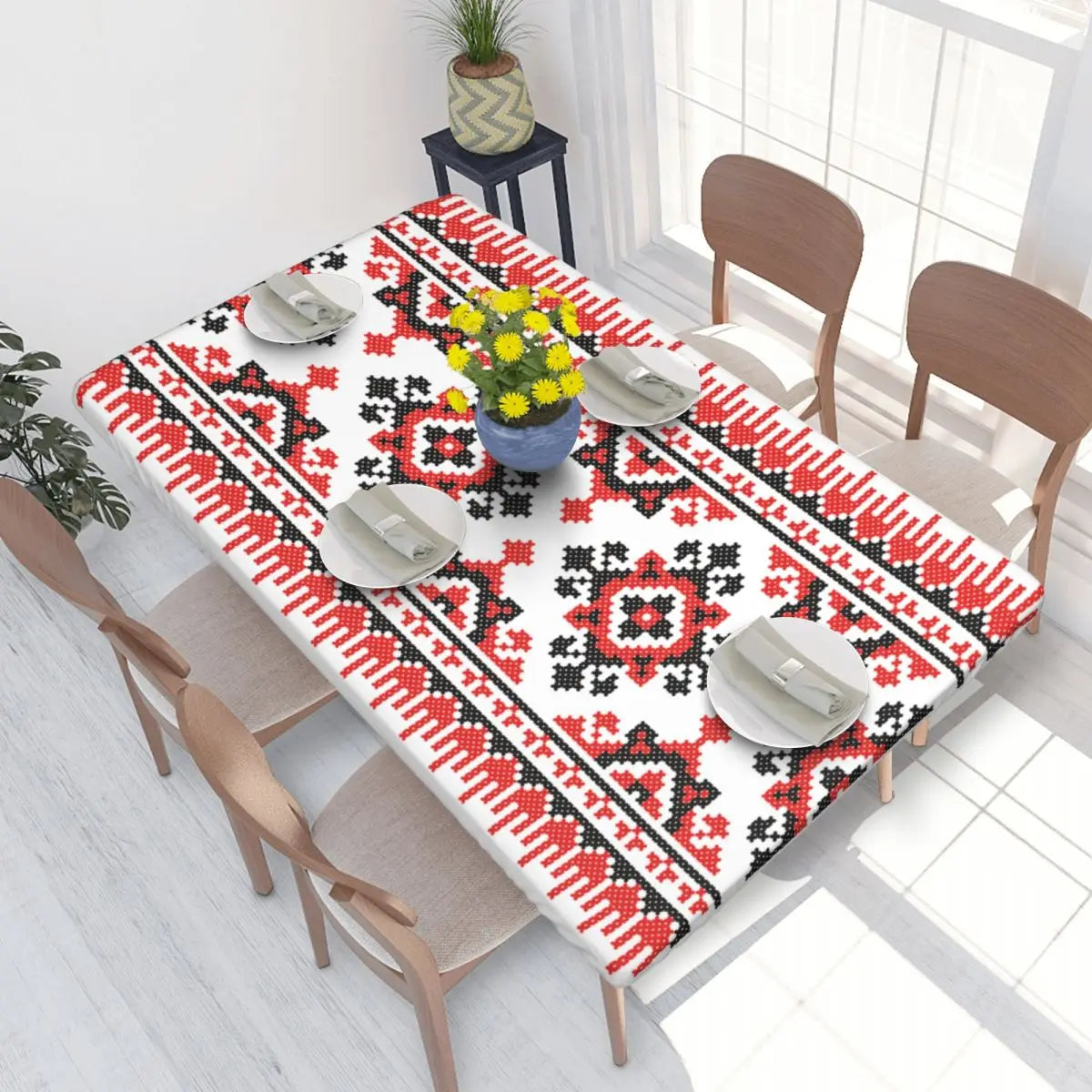 Ukrainian embroidery table cover with vibrant traditional patterns enhancing wooden dining table setting