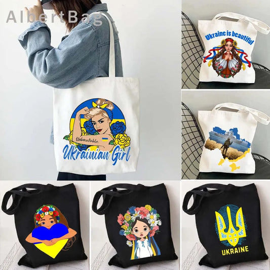 Ukrainian patriotic grocery tote bags with colorful prints and eco-friendly design made from lightweight cotton fabric.