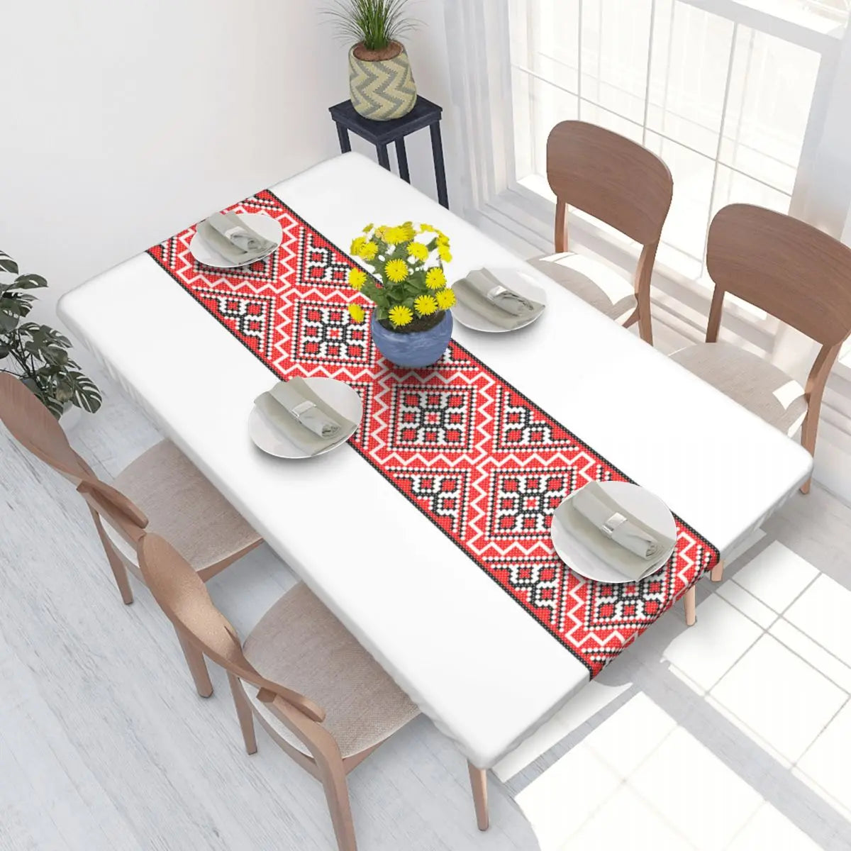 Ukrainian embroidery table cover with vibrant patterns enhancing dining decor.