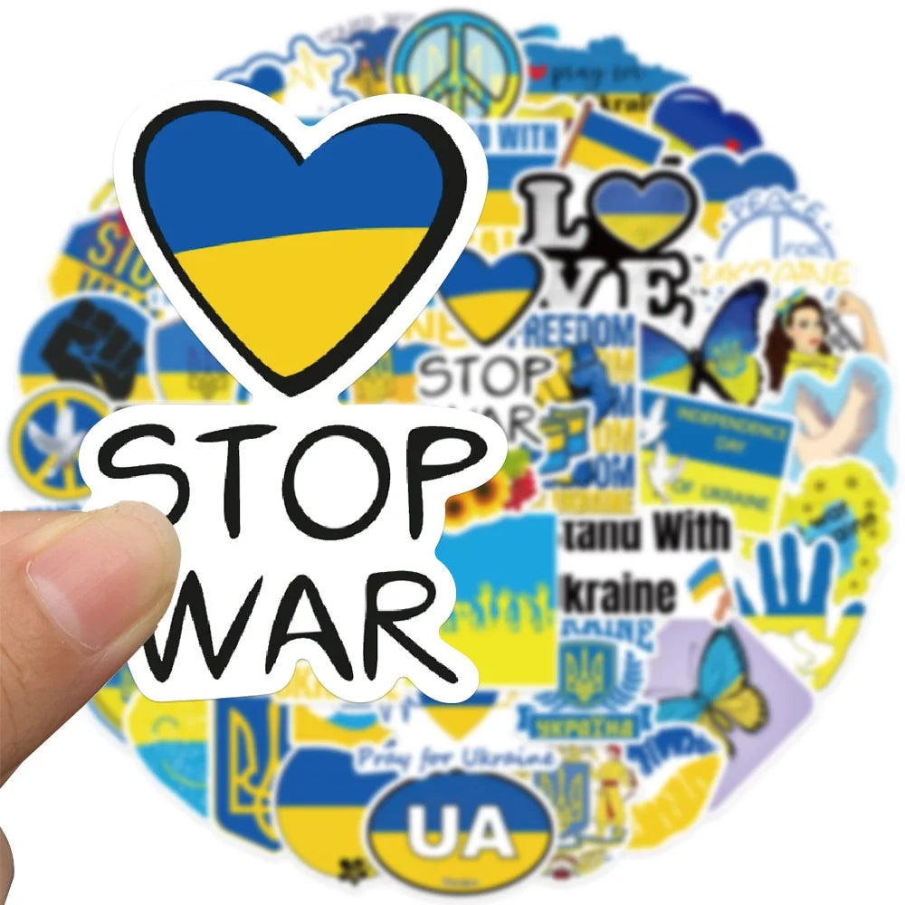 Ukraine flag stickers with "Stop War" design, perfect for laptops and water bottles.