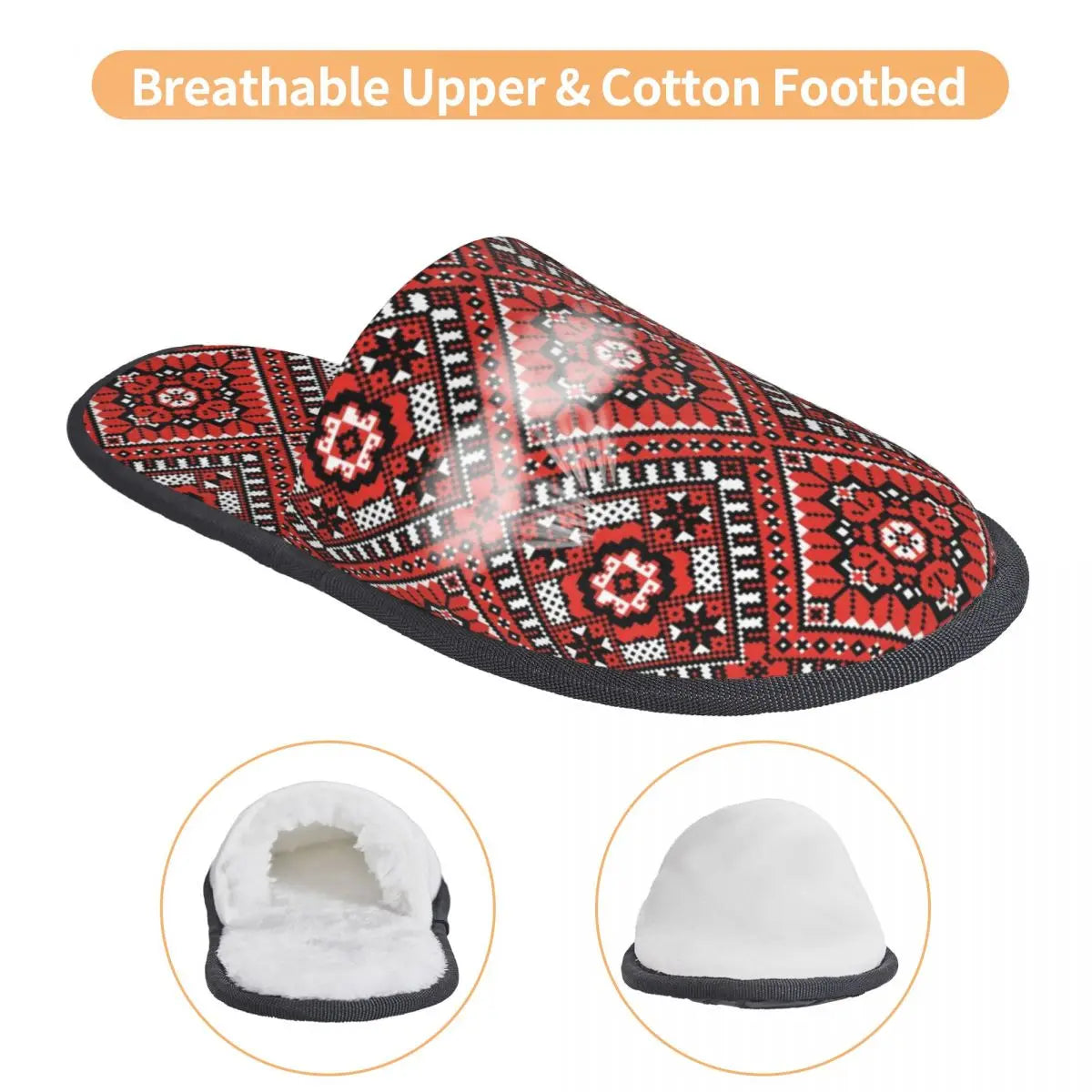 Ukrainian embroidery ornament slippers with red floral design, showcasing breathable upper and cotton footbed, ideal for indoor use.