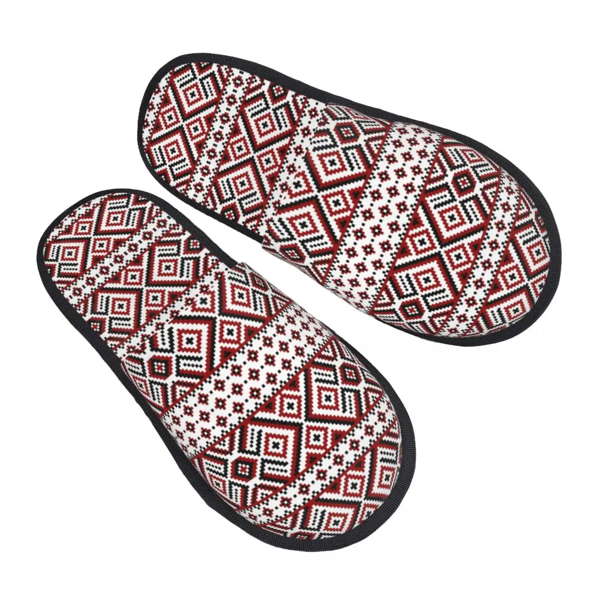 Ukrainian embroidery ornament slippers with intricate red and black design, soft material, and non-slip sole for indoor and outdoor use.