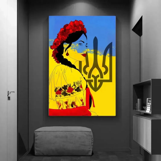 HD Ukrainian Flag Girl Tryzub Canvas Poster with vibrant colors and cultural design, perfect for home decor.