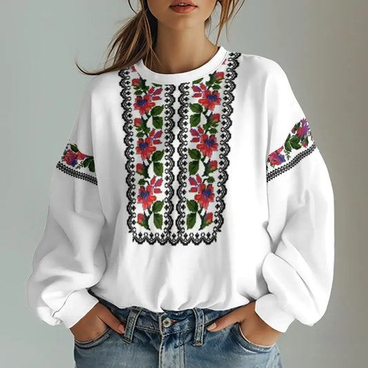 Ukrainian Oversized Sweatshirt | Red Flower Vyshyvanka Style