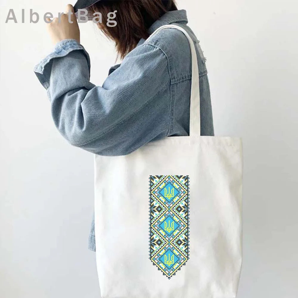 Ukrainian Patriotic Grocery Tote Bag with printed pattern, eco-friendly cotton fabric, reusable and stylish for shopping