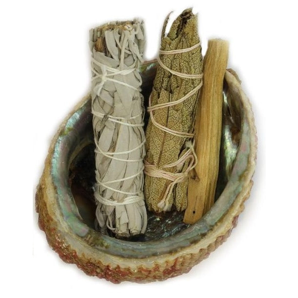 Solara Sacred Smudging Kit with white sage, Palo Santo, Yerba Santa, and abalone shell for spiritual cleansing and energy work