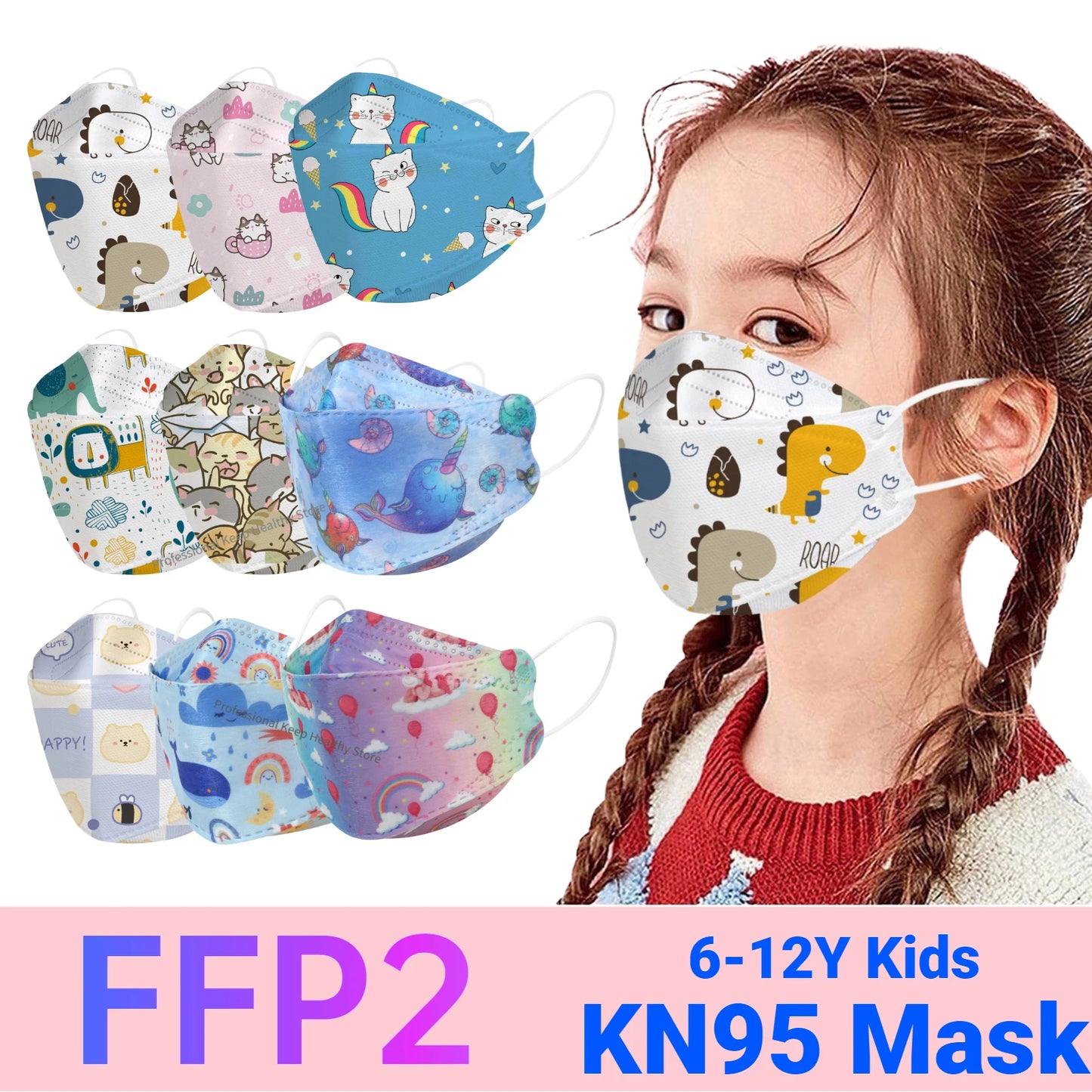 Child wearing fun cartoon printed KN95 masks featuring dinosaurs, cats, and rainbows, suitable for 6-12 years old, FFP2.