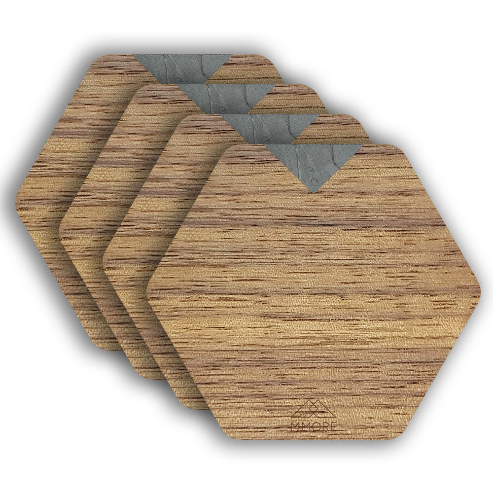 Hexagonal walnut wood coasters set of 4, showcasing natural grain, modern minimalism, and water-resistant finish for table protection.
