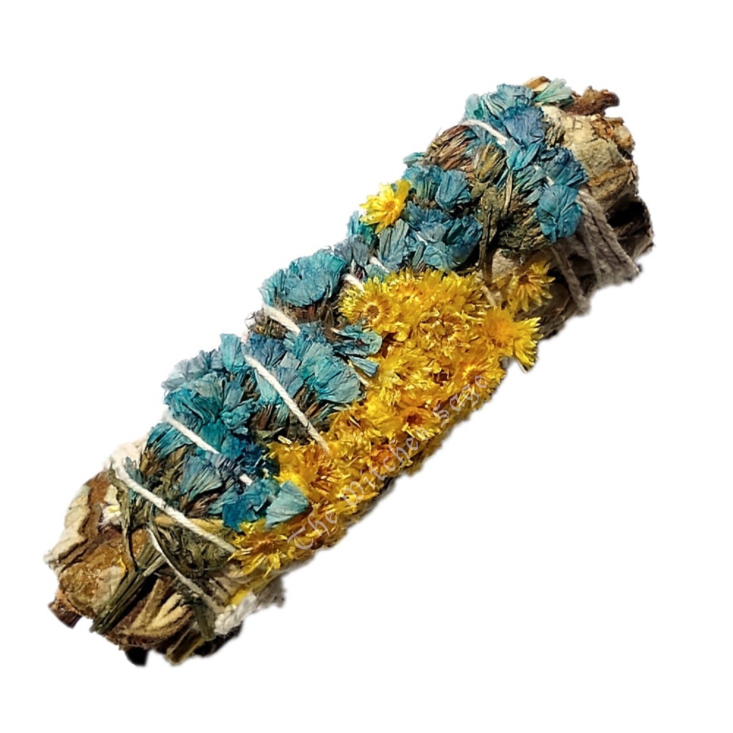 Yerba Santa smudge bundle with mullein and statice flowers for protection and clarity, ideal for rituals and meditation.
