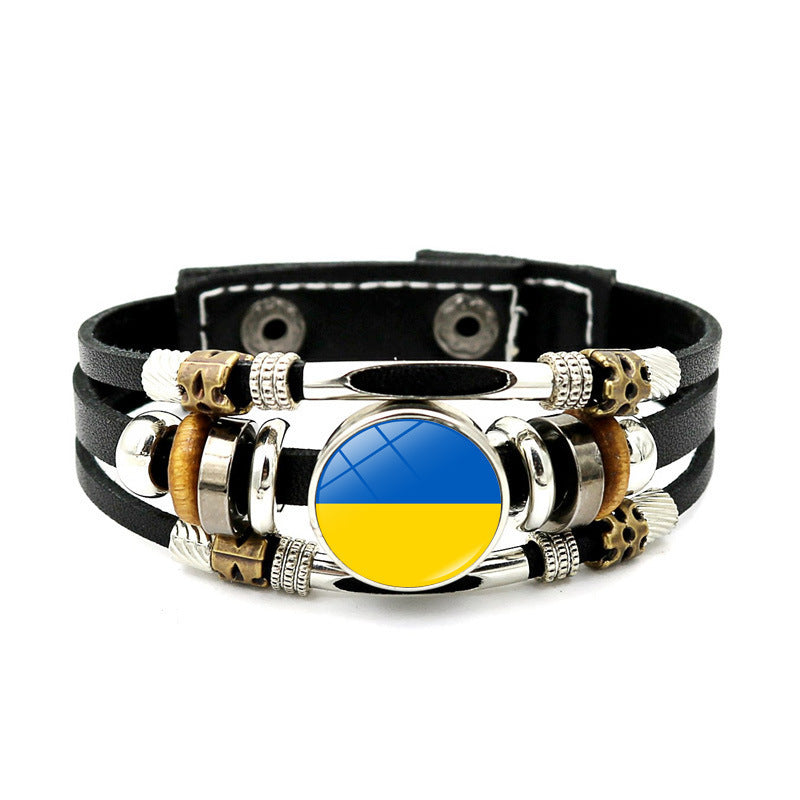 Unisex multi-layer woven leather bracelet with Ukrainian flag colors, blue and yellow, featuring geometric design accents.