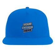 Blue Yarven flat bill cap with customizable front design, structured high-profile five-panel style, and green undervisor.
