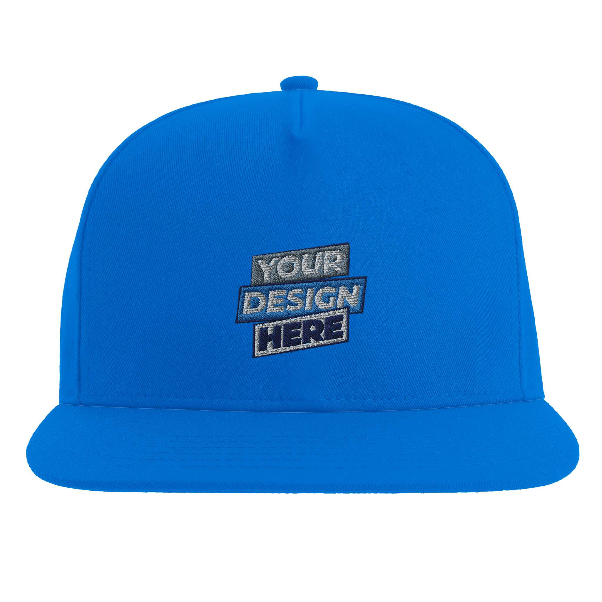 Blue Yarven flat bill cap with customizable front design, structured high-profile five-panel style, and green undervisor.