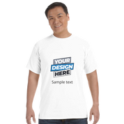 Man wearing white custom print on demand Durmor heavyweight t-shirt, showcasing design versatility and comfort.