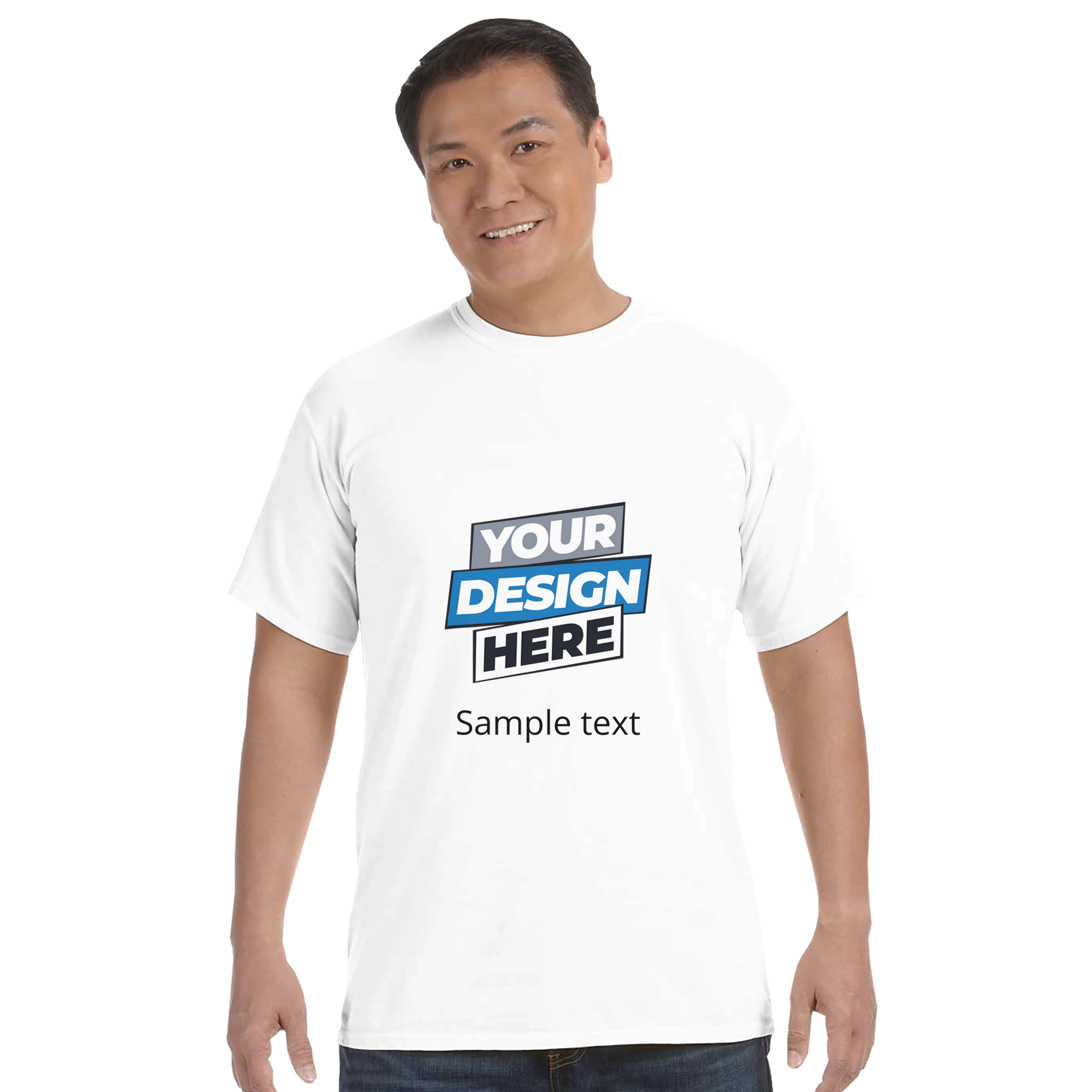 Man wearing white custom print on demand Durmor heavyweight t-shirt, showcasing design versatility and comfort.