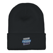 Henthor cuffed beanie featuring customizable embroidery with text 'Your Design Here' on a dense acrylic knit for warmth and style.
