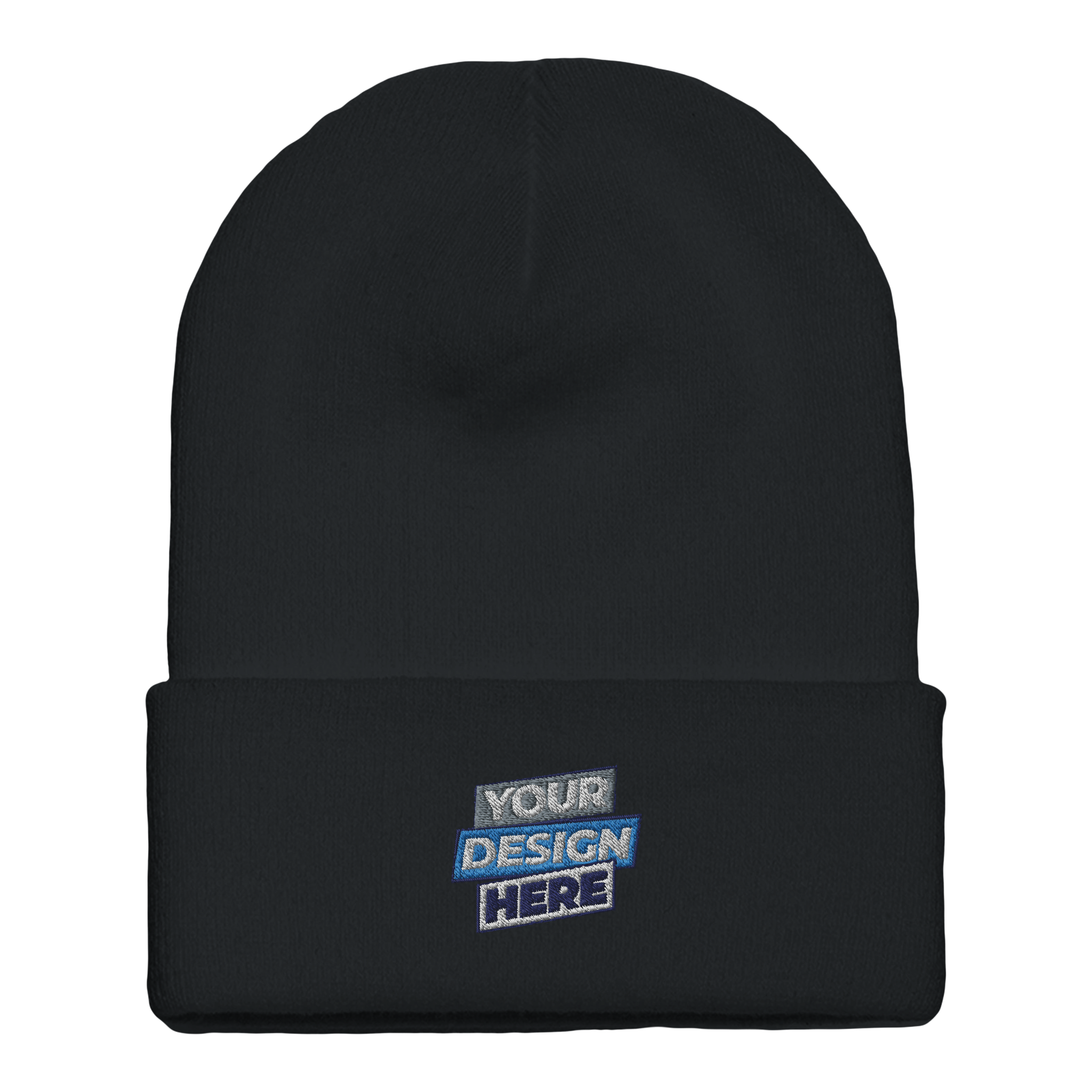 Henthor cuffed beanie featuring customizable embroidery with text 'Your Design Here' on a dense acrylic knit for warmth and style.