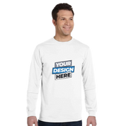 Man wearing a white organic unisex long-sleeve t-shirt with customizable design, emphasizing eco-friendly fashion and comfort.