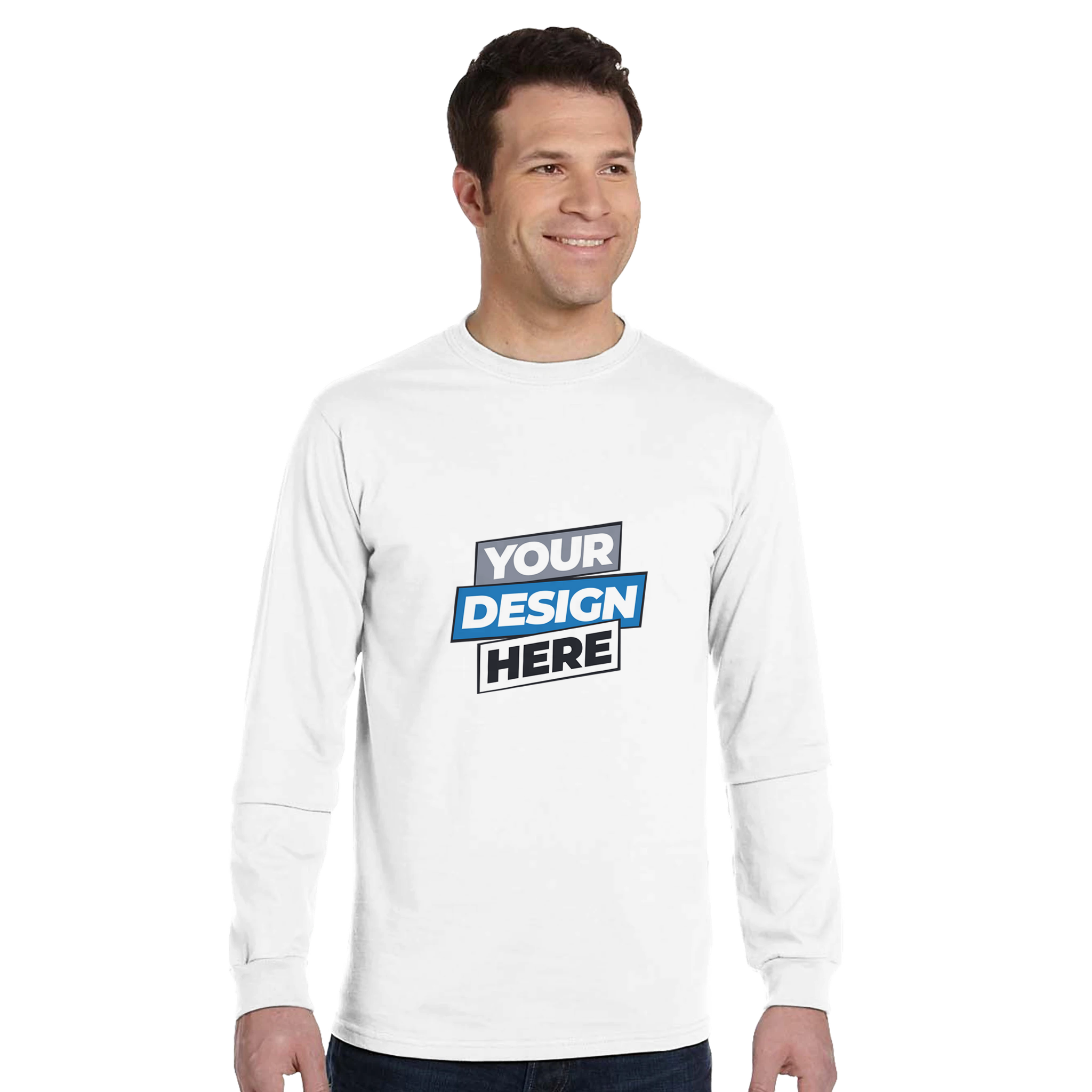 Man wearing a white organic unisex long-sleeve t-shirt with customizable design, emphasizing eco-friendly fashion and comfort.