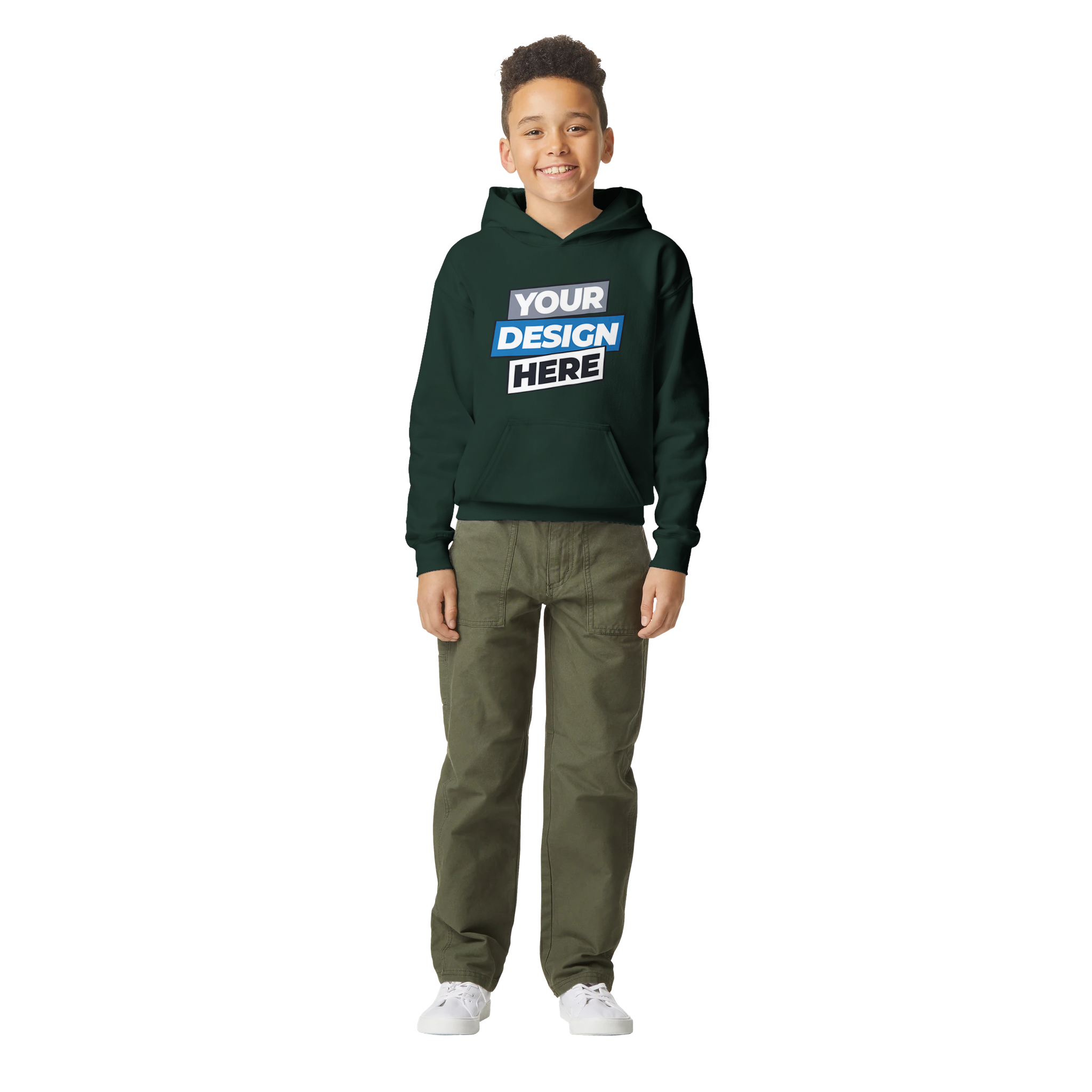 Boy wearing green Terylo Youth Fleece Hoodie with customizable design, midweight fleece, and classic fit for play and school.