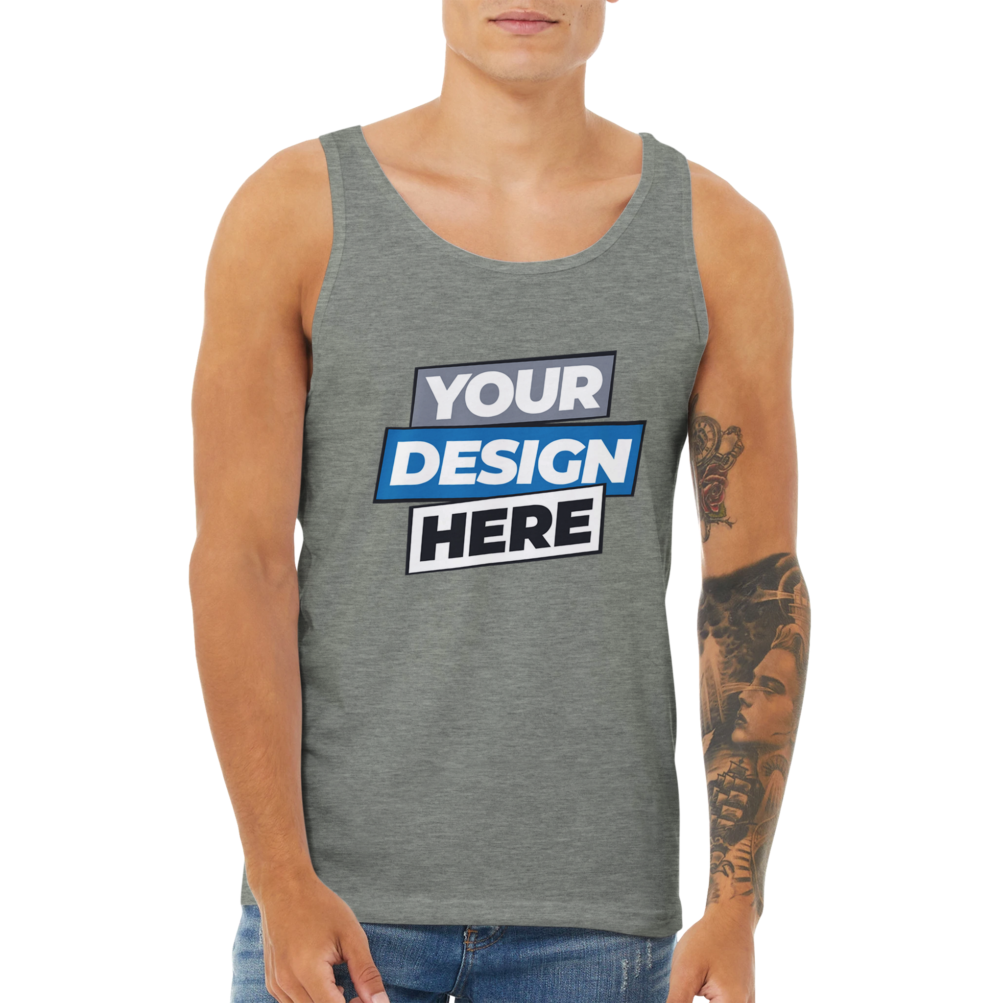 Unisex cotton tank with 'Your Design Here' print, crafted from soft fabric for ultimate comfort and style. Ideal for custom designs.