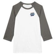 Unisex Mervelle Raglan Sleeve Tee with 3/4 sleeves, white body, dark sleeves, and casual fit for print design showcase.