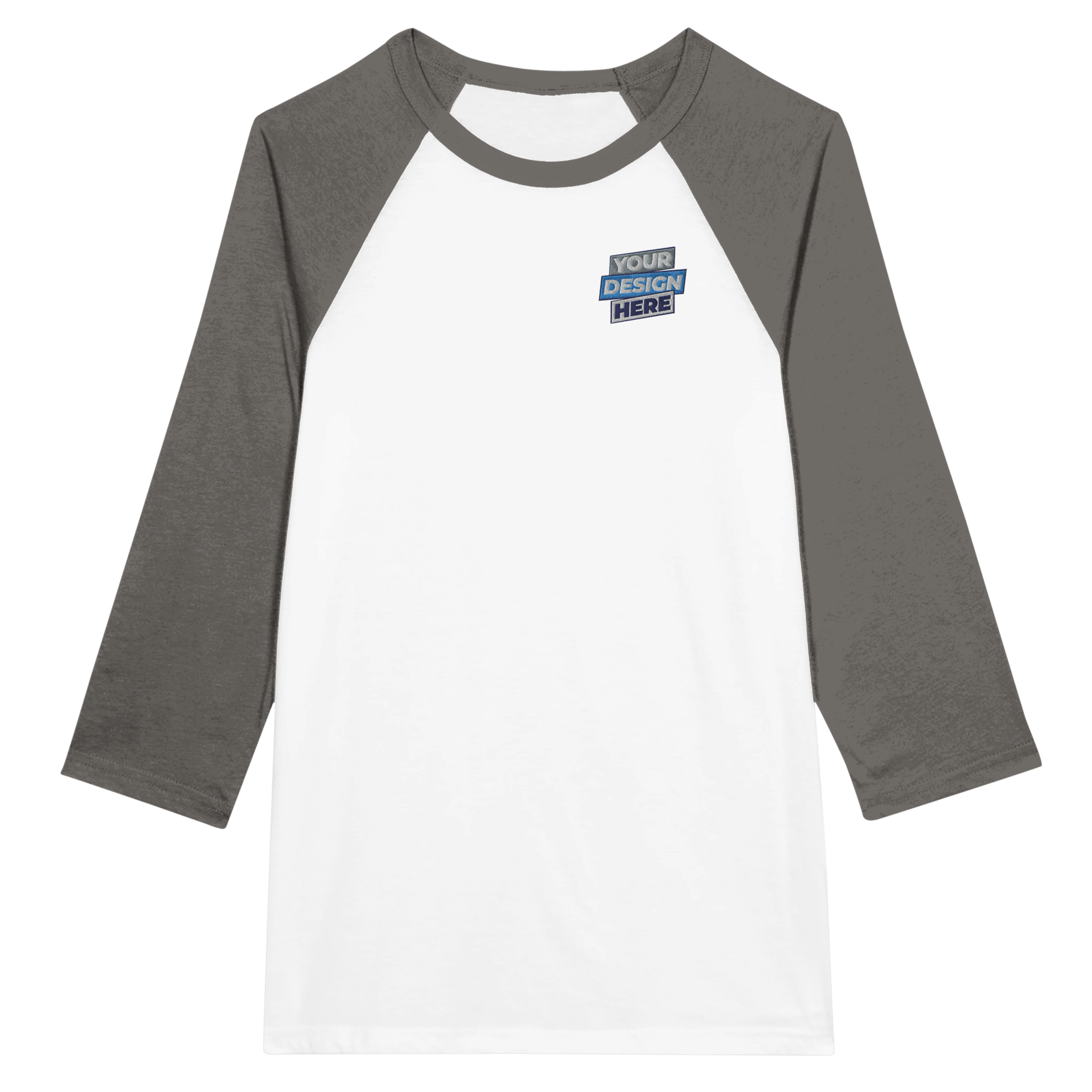 Unisex Mervelle Raglan Sleeve Tee with 3/4 sleeves, white body, dark sleeves, and casual fit for print design showcase.