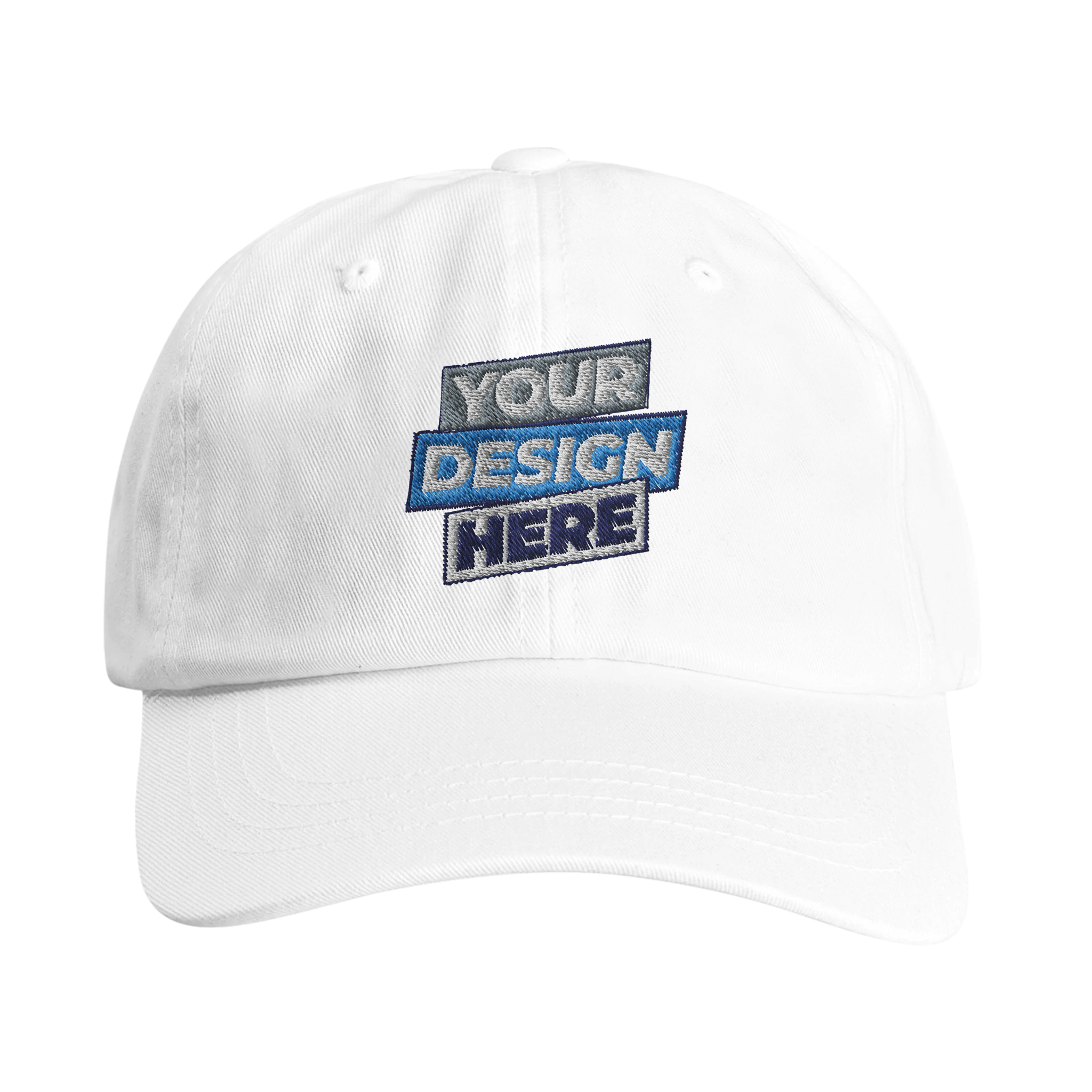 White cotton dad cap with custom design space and adjustable brass buckle; modern, breathable style with relaxed crown.