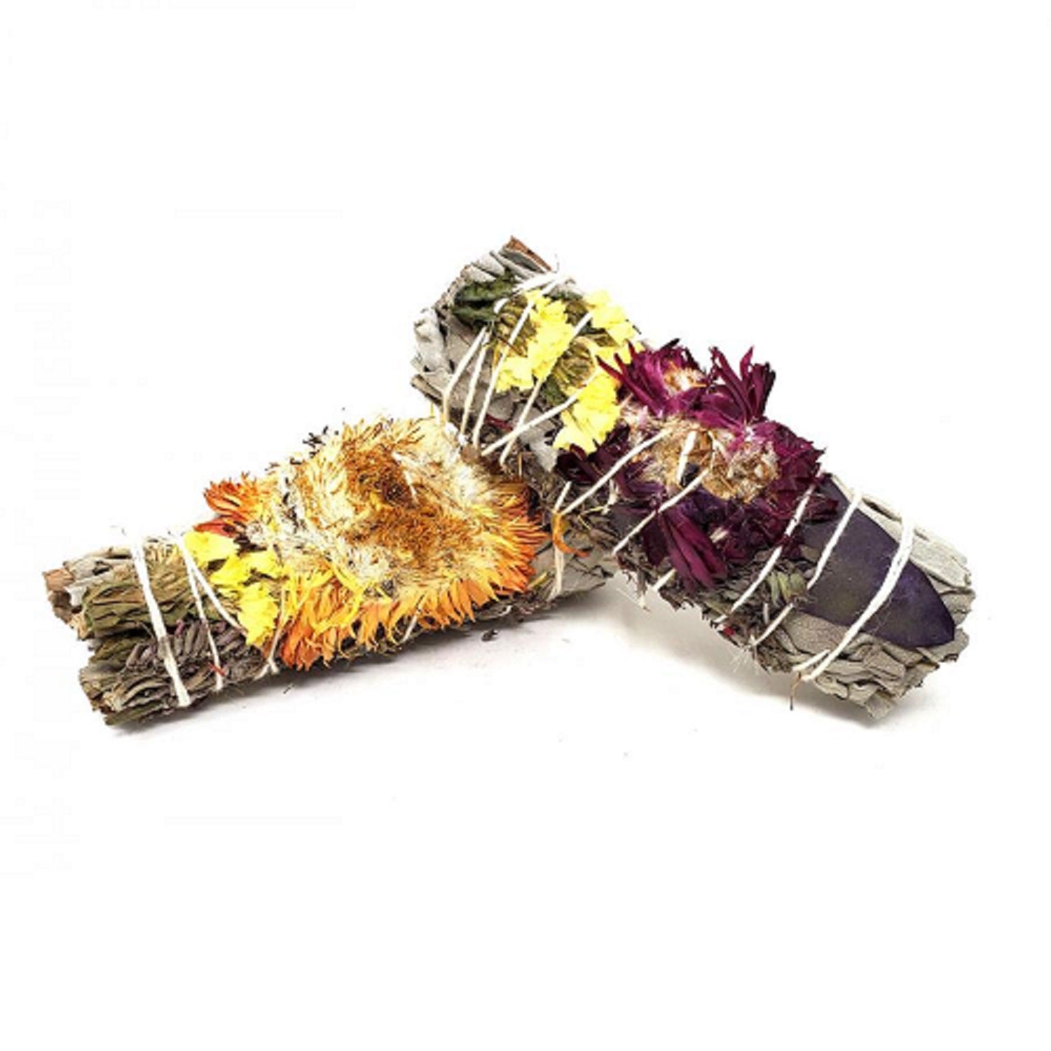 White Sage & Paperflower smudge bundle for energy cleansing with colorful dried flowers, symbolizing renewal and grace.