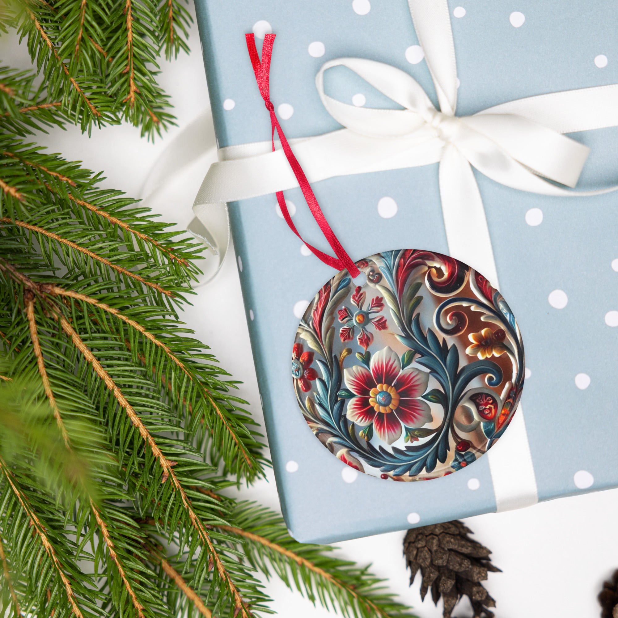 Ukrainian acrylic ornament with floral design on a blue polka dot gift box, adorned with a white ribbon and pine branches.