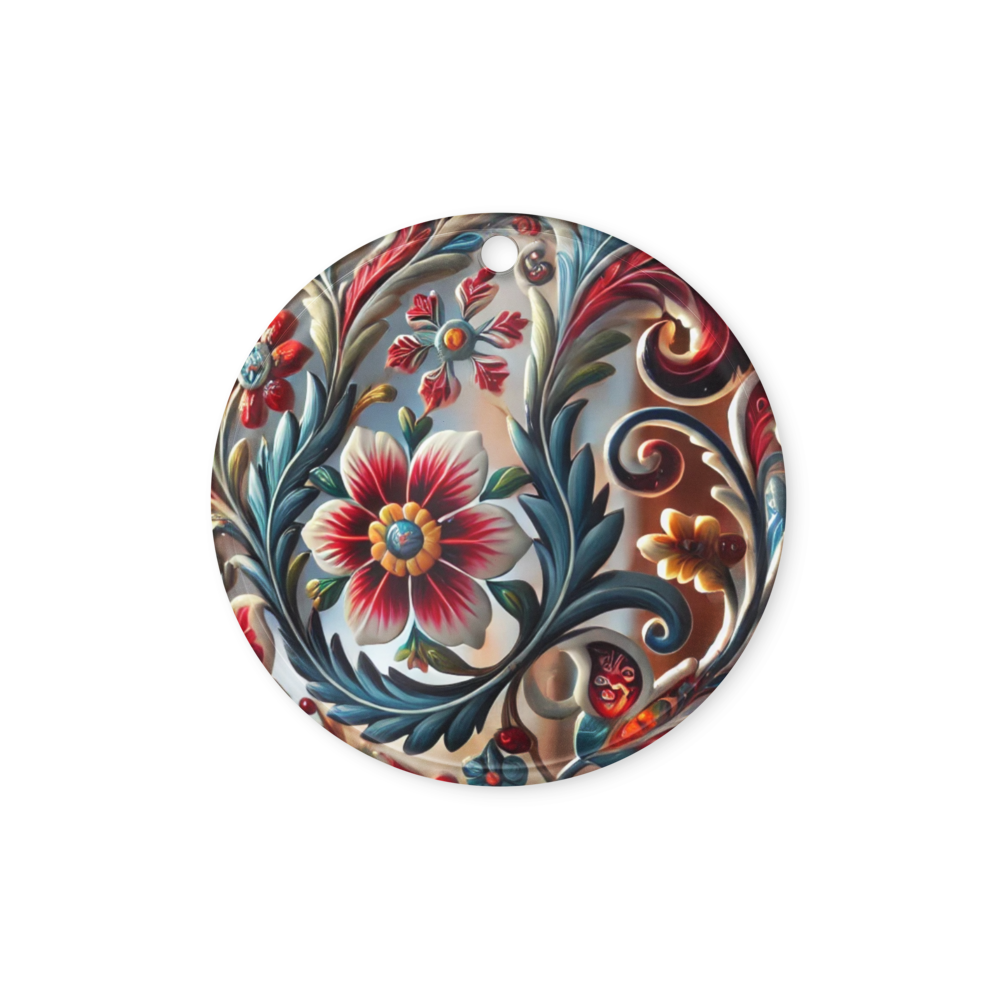 Ukrainian style circle acrylic ornament with floral design in vibrant colors.