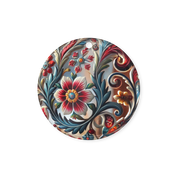 Ukrainian style circle acrylic ornament with floral design in vibrant colors.