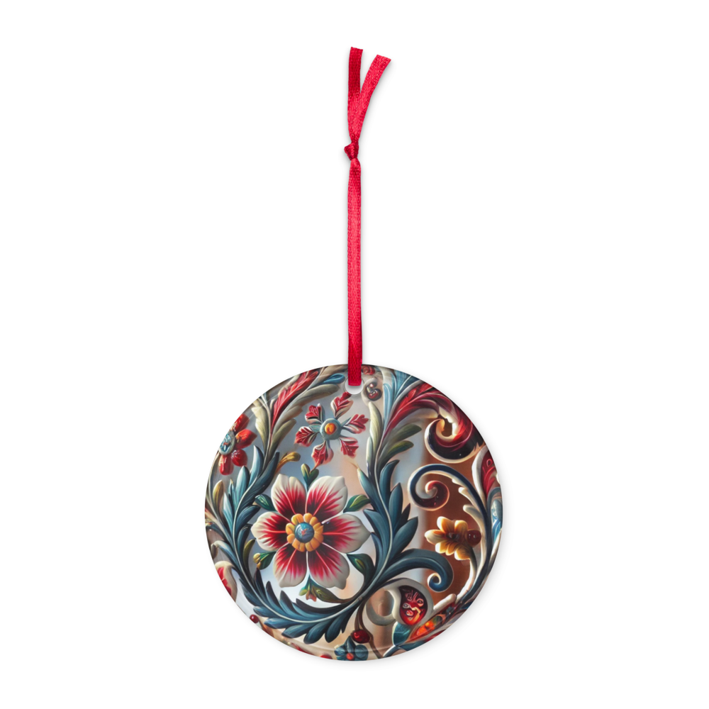 Ukrainian style circle acrylic ornament with floral design and red ribbon