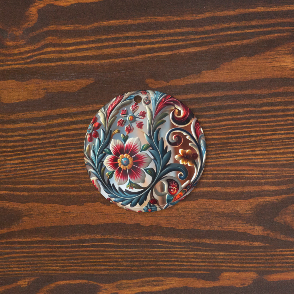 Ukrainian style circle ornament with floral design on wood background