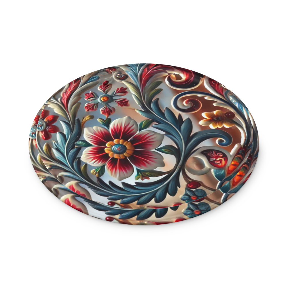 Ukrainian style circular acrylic ornament with floral patterns and vibrant colors.
