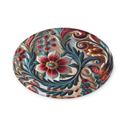 Ukrainian style circular acrylic ornament with floral patterns and vibrant colors.