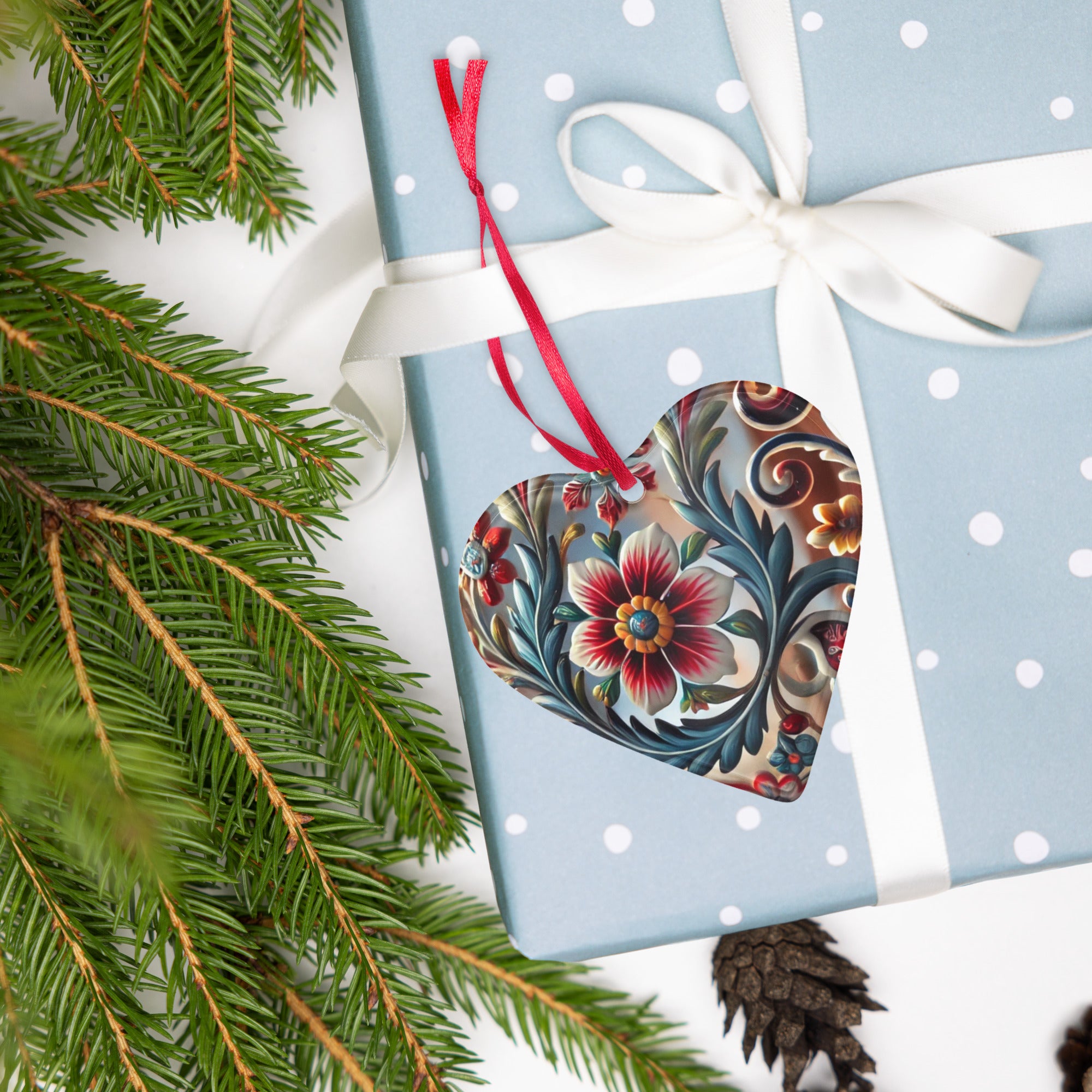 Heart-shaped Ukrainian style acrylic ornament with floral design on a polka dot gift box, surrounded by pine branches.
