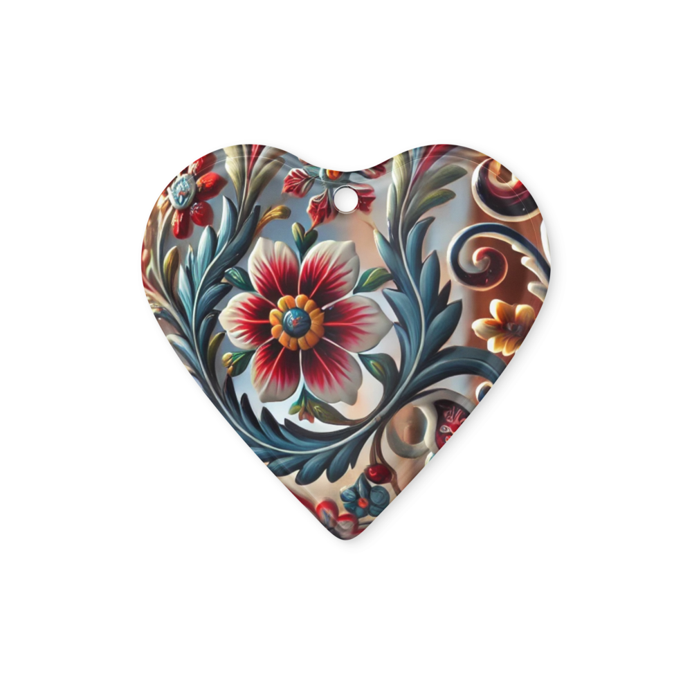 Heart-shaped Ukrainian style acrylic ornament with floral design and glossy finish. Perfect for cultural celebrations and unique decor.