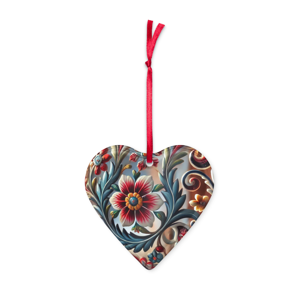 Heart-shaped Ukrainian style acrylic ornament with floral design and red ribbon