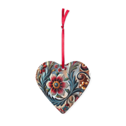 Heart-shaped Ukrainian style acrylic ornament with floral design and red ribbon